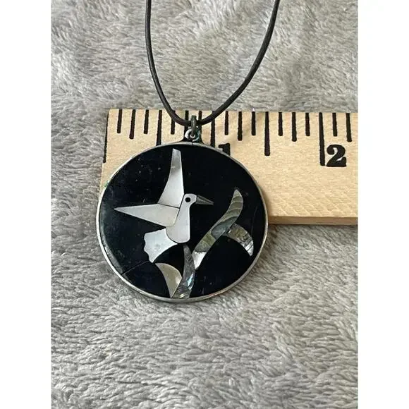 VTG Alpaka Mexico Inlaid Bird Pendant Mother of Pearl Abalone Leather Necklace!! - Picture 7 of 8